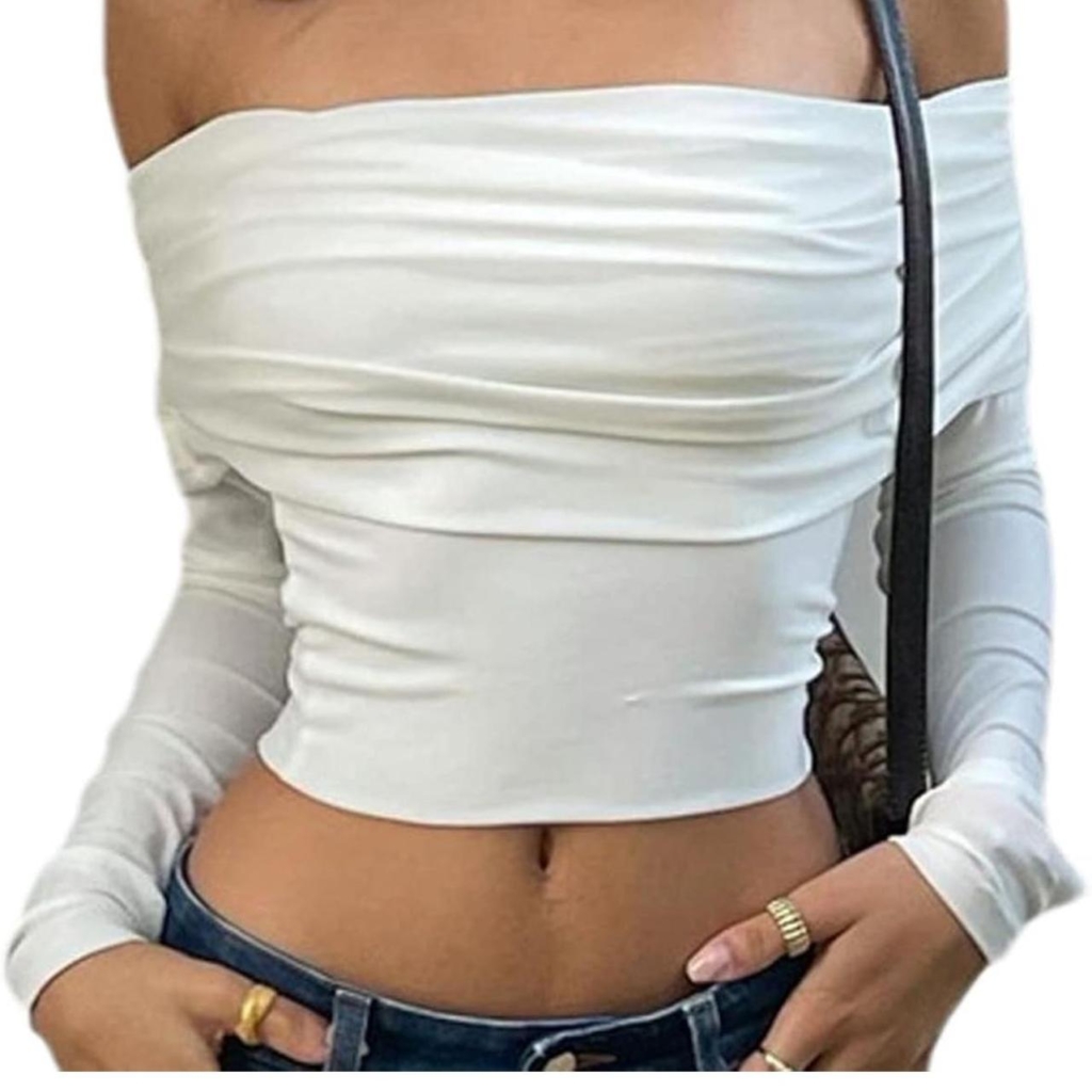Off-Shoulder Y2K Lace Trim Mesh Crop Top