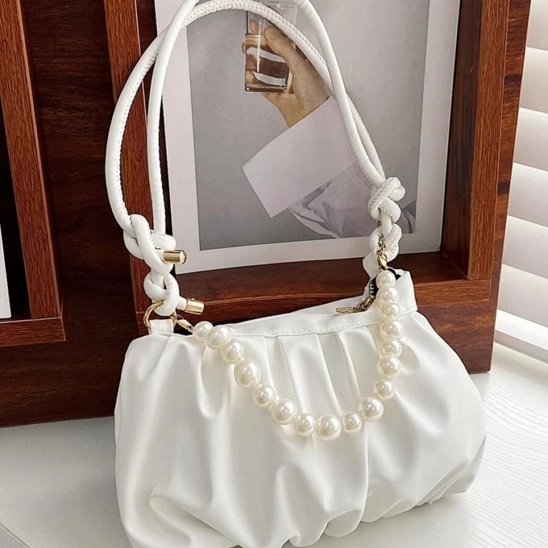 Faux Pearl & Rhinestone Ruched Bag